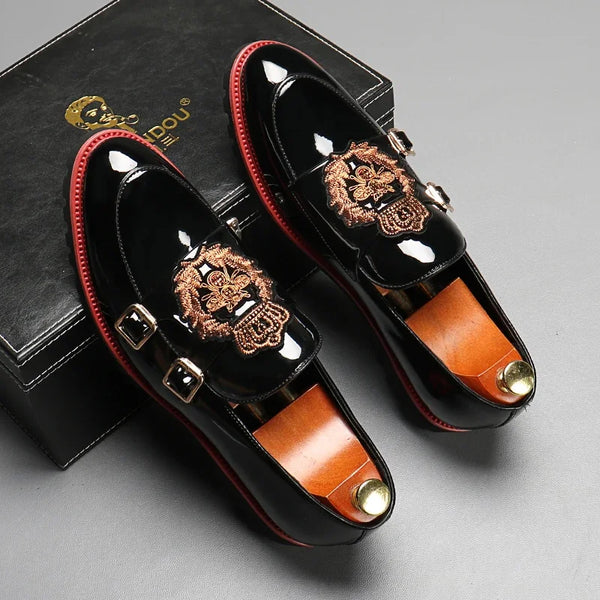 Black Patent Leather Double Buckle Loafers Men's Formal Dress Shoes Handmade Business Shoes Size 38-48